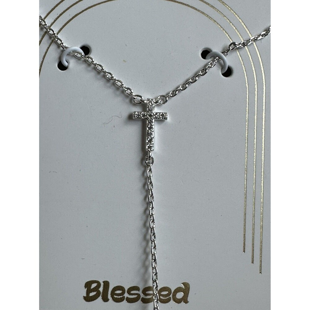 LA Rocks Cross Cubic Zirconia Pendant Y-Necklace Silver Tone Plate 16” New in BX - Picture 3 of 6
